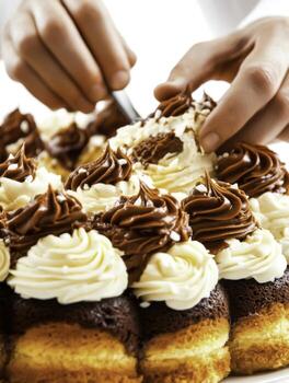 closeup of Chef Decorating Delicious Layered Cake with Cream and Chocolate Frosting photo