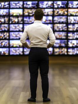 Person Watching Multiple Television Screens in a Modern Digital Environment photo