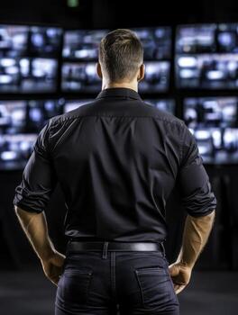 Male Figure Observing Multiple Monitors in High-Tech Surveillance Environment photo