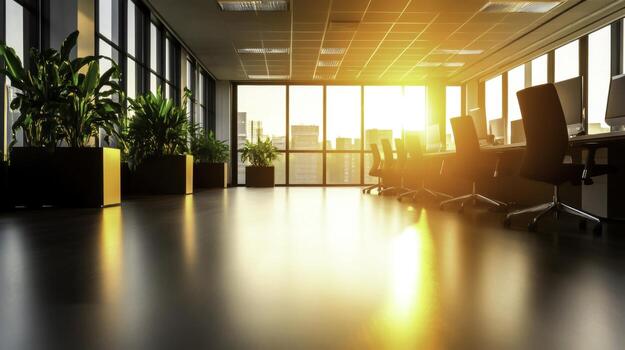 Modern Office Space with Sunlight Streaming Through Windows and Green Plants photo