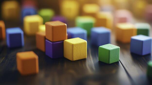 Colorful Wooden Building Blocks on Wooden Surface for Creative Play and Learning photo