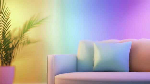 Modern Sofa with Colorful Background and Tropical Plant in Soft Lighting photo