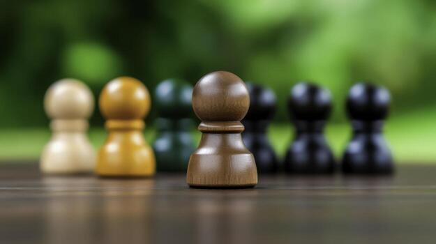 Colorful Game Pieces on Wooden Table Against Soft Green Background photo