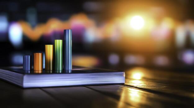 Colorful Bar Graphs on Open Book with Blurred Background and Warm Light Effects photo
