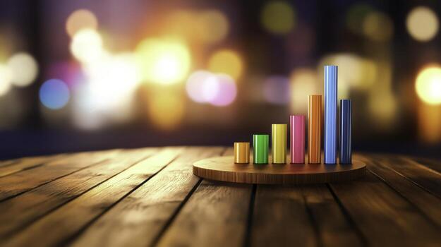 Colorful Bar Graph on Wooden Table with Blurred Background in Evening Light photo