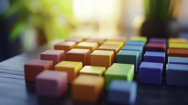 Colorful Wooden Blocks Arranged on Table with Soft Natural Lighting in Background photo