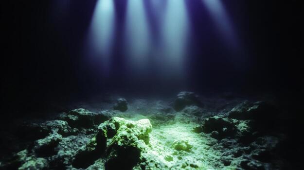 Underwater Scene with Rocks and Blue Light Rays in a Dark Ocean Environment photo