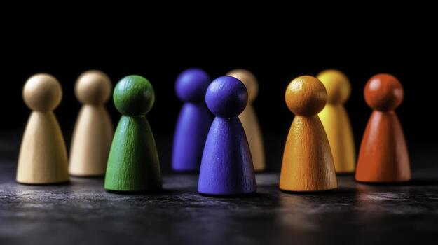 Colorful Wooden Game Pieces on Dark Surface with Shallow Depth of Field photo