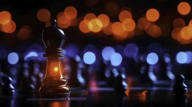 Chess King Piece Surrounded by Colorful Bokeh Lights in Strategic Setting photo