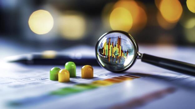 Business Analysis Focused on Growth Trends with Magnifying Glass and Colorful Charts photo