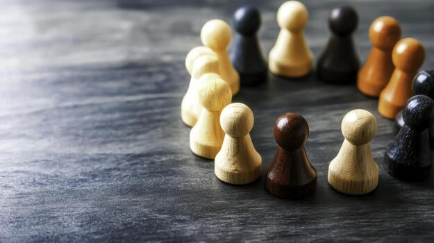 Colorful game pieces arranged in a circle on dark wooden background for creative concepts photo
