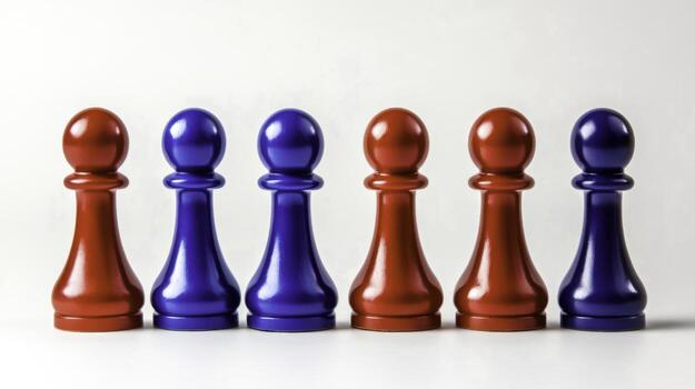 Colorful Game Pieces in Red and Blue Arranged in a Straight Line on White Background photo