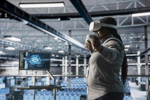 Server room engineer using VR gear, programming algorithms for AI data analysis. Data center worker using virtual reality technology, updating artificial intelligence driven automation scripts photo
