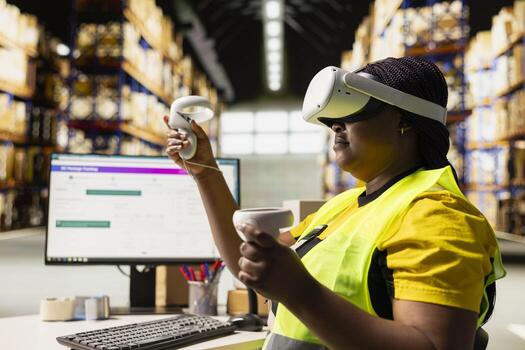 Black female employee using VR glasses to monitor parcel status on digital package tracking software, AI-driven inventory management and order processing in logistics hub. Virtual reality. photo