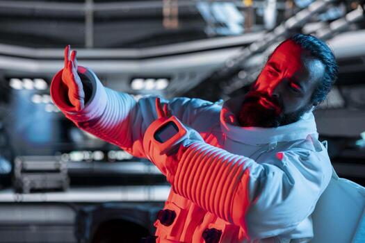 Afraid astronaut protecting himself from alien threat emerging after disturbing its habitat . Frightened cosmonaut reacting to hostile presence approaching in response to territory violation photo