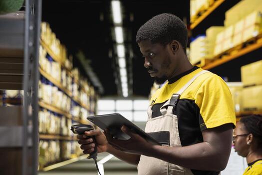 Fulfillment center worker scanning shipping labels to register in inventory, updating records in warehouse management system on tablet. Retail e-commerce delivery operations in industrial space. photo