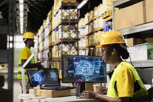 Distribution hub employee working with AI brain data science in warehouse with huge storage racks and shelves, order fulfillment for import export operations. Black woman uses machine learning. photo