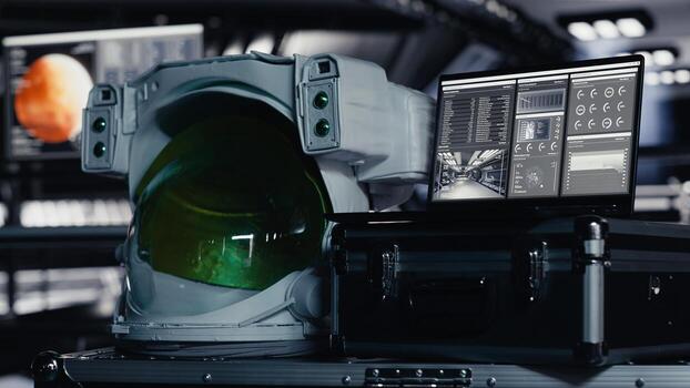 Astronaut suit helmet and laptop inside spaceship control bay displaying diagnostics and mission telemetry. Cosmonaut equipment next to notebook in space station showing performance metrics photo