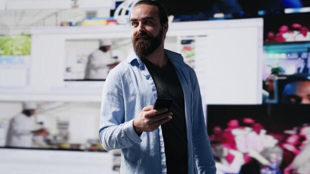 Young user enjoying online web connection on applications, highlighting real time engagement, online presence and digitalization as essential elements of communication. Camera A. photo