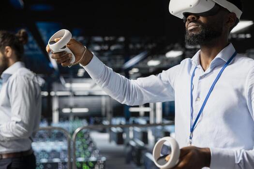 System administrator with VR headset using artificial intelligence technology for neural network infrastructure. Developer using AI programming language and virtual reality to update hardware. photo