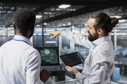 Data center diverse admins monitoring artificial intelligence LLM visualization. Teamworking server room employees cooperating on machine learning processes, overseeing AI infrastructure. photo