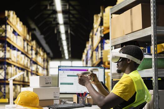 Black staff uses VR glasses for 3D simulation powered by artificial intelligence, supporting order fulfillment and inventory control. Person monitoring parcel tracking for shipment activity. photo