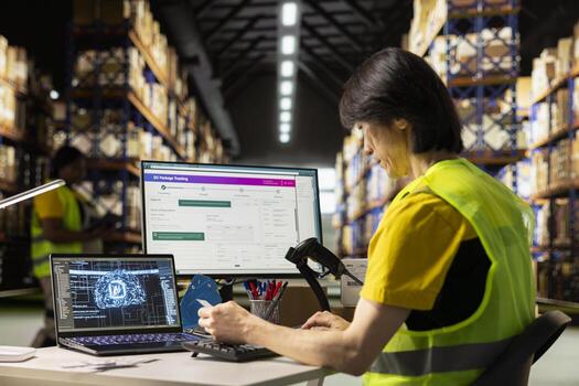 Staff employs software for order processing automation, advanced neural networks brain graphic managing tracking software in distribution hub. Warehouse with storage racks. photo