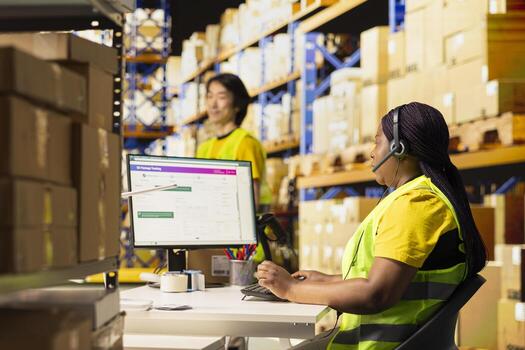 Call center clerk parcel tracking and order dispatch on help line, working in an online shopping logistics center. Worker resolving cargo issues and locating packages lost in distribution process. photo