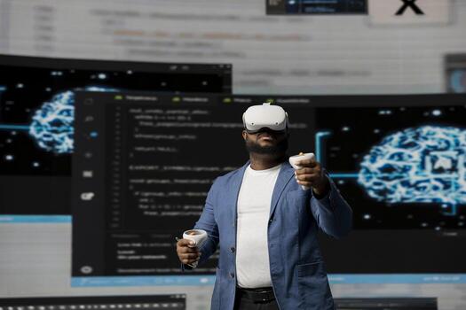 African American programmer engaging in virtual reality with a headset, focusing on system development. Utilizing code on terminal window to debug and design new software. IT career. photo