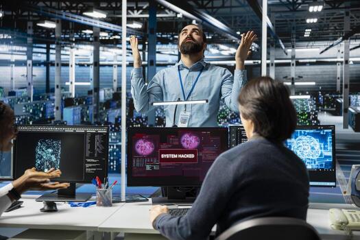 Manager angry with team of technicians in AI server farm letting hacker steal sensitive data. Team leader frustrated by data center workers not stopping computer virus breaching security systems photo