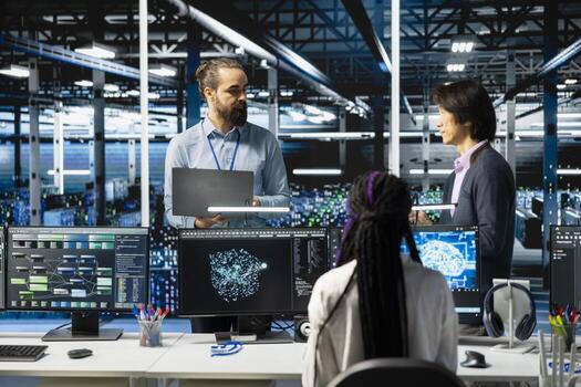 Engineers doing brainstorming in high tech data center, adjusting AI model parameters to upgrade systems. Server room coworkers scheduling deep learning checkup for equipment supercomputers rigs photo