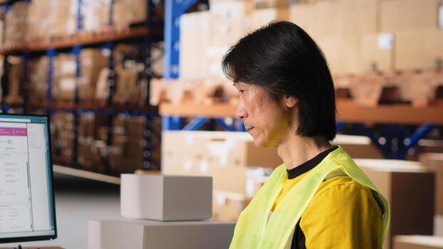 Depot asian worker processing online shopping orders on computer, managing shipment details and awb numbers on professional software. Handles packaging and manages inventory. Camera B. photo
