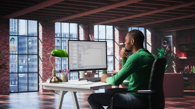 Black IT developer at PC coding and creating an app software, implementing algorithms to fix errors. Engineer in his loft working with code language, optimizing app performance. Camera A. photo