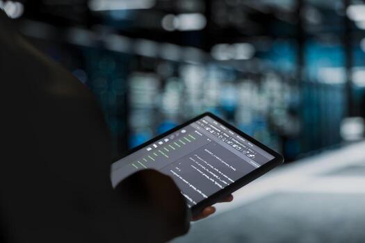 Close up of data center engineer using tablet to troubleshoot backend operations handling user requests. Server farm employee running software development tools on device, resolving system crashes photo