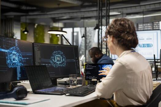 Professional advisor reviewing KPI reports with artificial intelligence tools on computer, working with AI neural networks for machine learning. Emphasizing innovation and optimization. photo