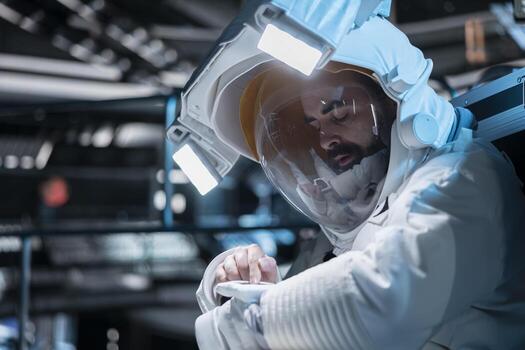 astronauta prensado muñeca pantalla táctil monitor a enviar llamada de socorro mensaje a suelo controlar en tierra, alertado por emergencia advertencia. hombre en defectuoso astronave activa a bordo apoyo sistemas foto