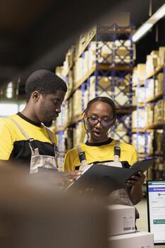 Large business warehouse staff handling order fulfillment with laptop data, handling distribution procedures and storage organization around fulfillment center racks. Parcel sorting. photo