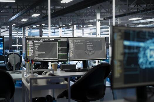 Artificial intelligence app interface on PC monitors in data center with rigs hosting cloud services. Computers used for deploying machine learning algorithms in server hub used for AI automation photo