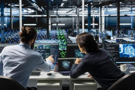 System administrators coding in data center, updating AI driven automation scripts. IT experts working in server room, programming artificial intelligence algorithms, debugging equipment photo