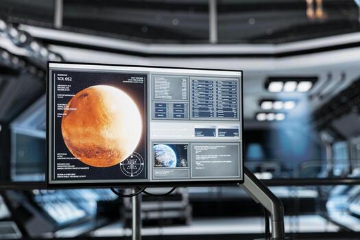 Close up of monitor in spaceship displaying detailed planetary scan of Mars. Screen in futuristic spacecraft showing red planet surface data telemetry details during space mission photo