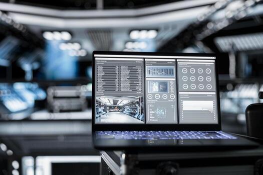 Laptop in space shuttle showing diagnostics tracking thermal stability and core performance during orbital flight. Notebook display presenting key spaceship engine readouts statistics photo