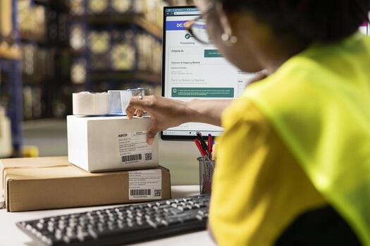 African american female verifying the shipment details on awb labels, using package tracking software system with accurate order status updates. Monitoring the import export operations in warehouse. photo