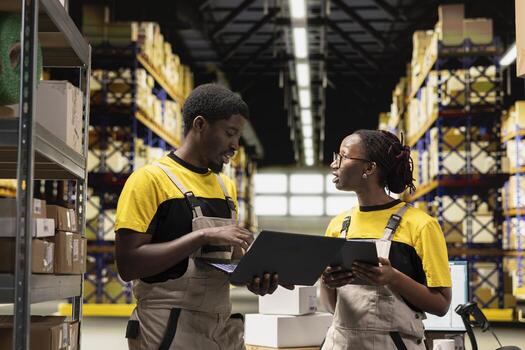 Black team members handling package data on laptop for order processing in logistics hub, verifying pallets shipping labels for distribution protocols. Efficient e-commerce warehouse. photo