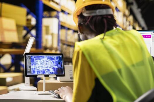 African american woman uses AI deep learning software for e-commerce automation, working in distribution hub with neural networks brain managing tracking software in warehouse. Data science. photo