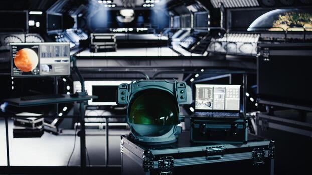 Cosmonaut equipment next to laptop in starship running telemetry software during cosmic flight. Astronaut helmet and notebook in spaceship tracking star and asteroids patterns photo