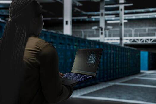 Data center computer scientist using AI to install equipment used for hosting digital services. Server hub employee repairing mainframes managing file transfers using artificial intelligence photo