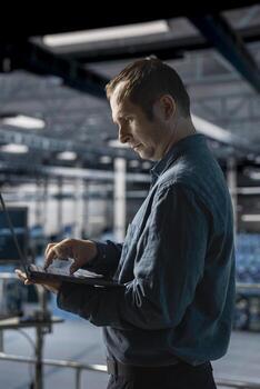 Admin on data center industrial platform analyzing infrastructure performance, monitoring potential failures. Server farm employee doing job tasks, debugging software issues photo