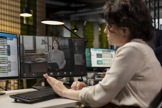 Manager consults with partners in advisory board call meeting, aligning business strategy with project objectives through teamwork and collaboration. Conference call alliance. photo