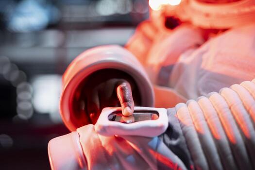 cerca arriba de astronauta prensado muñeca dispositivo debajo emergencia rojo Encendiendo a confirmar alerta y transmitir sistema respuesta. cosmonauta activa a bordo apoyo sistemas a gestionar crítico situación foto