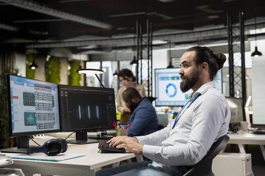 Focused employee using AI digital tools and machine learning models, performing data analysis and prediction for innovation creating adaptive optimized business solutions. Cloud computing photo